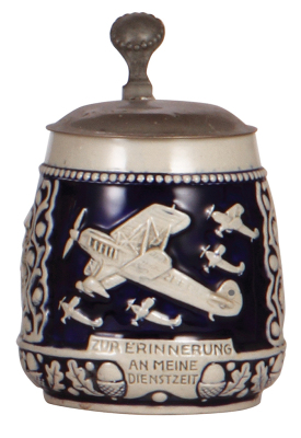 Third Reich stein, .5L, stoneware, relief, airplanes with swastika on wing, two side scenes, original metal lid, mint. A DETAILED PHOTO OF THE BODY & THE LID IS AVAILABLE, PLEASE EMAIL YOUR REQUEST.