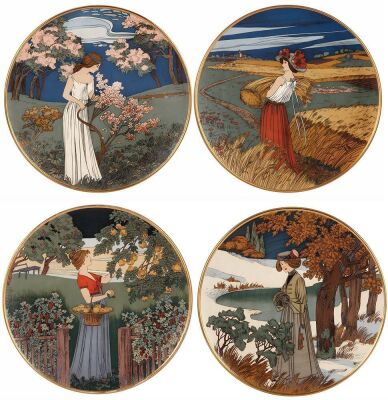 Set of four Mettlach plaques, 17.5" d., etched, 2898, 2899, 2997, 2998, The Four Seasons, 2997 has a little gold rim wear, otherwise all are mint. - 5