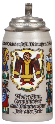 Stoneware stein, 1.0L, transfer & hand-painted, Oktoberfest MŸnchen 1810 - 1935, signed P. Neu, relief pewter lid: Pschorr-BrŠu, A.G., Muenchen, 1422 - 1820, mint.