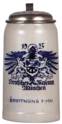 Stoneware stein, 1.0L, impressed & relief, marked Keramik WerkstŠtten MŸnchen-Herrsching, Deutsches Museum, MŸnchen, Eršffnung 7. Mai 1925, relief pewter lid: Munich Breweries, mint.