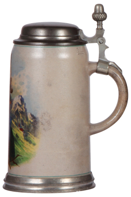 Stoneware stein, 1.0L, transfer & hand-painted, pewter lid & footring, mint. - 2