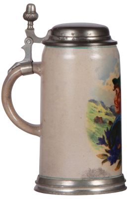 Stoneware stein, 1.0L, transfer & hand-painted, pewter lid & footring, mint. - 3