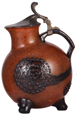 Stoneware stein, 2.0L, relief, marked 1758, made by Reinhold Merkelbach, designed by Richard Riemerschmid, pewter lid, pewter strap repaired, very good repair of chip on foot.