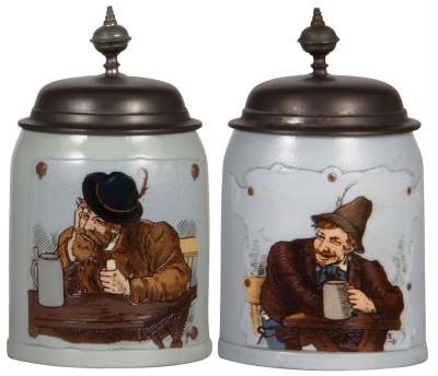 Two Mettlach steins, .5L, 1536 & 1533, etched, tapestry, pewter lids, both mint.