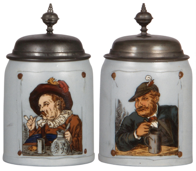 Two Mettlach steins, .5L, 1641 & 1646, etched, tapestry, pewter lids, both mint.