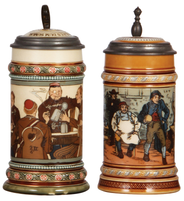 Two Mettlach steins, .5L, 2051, etched, inlaid lid, mint; with, .5L, 1403, etched, by C. Warth, inlaid lid, mint.