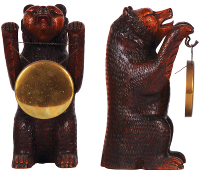 Black Forest wood carved bear, 12.0" ht., mid 1900s, glass eyes, upright paws with hooks holding brass gong, very good condition. - 2