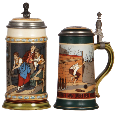 Two Mettlach steins, .5L, 2808, etched, inlaid lid, mint; with, .5L, 2957, etched, inlaid lid, mint.