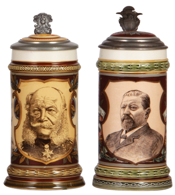 Two Mettlach steins, .5L, 1890, etched & PUG, inlaid lid, 3" horizontal hairline in rear; with, .5L, 1997, etched & PUG, by Hein, inlaid lid, mint.