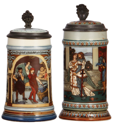 Two Mettlach steins, .5L, 2394, etched, Siegfried, inlaid lid, mint; with, .5L, 2391, etched, Swan Knight's Wedding, inlaid lid, mint