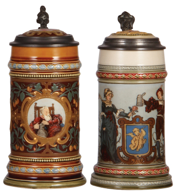 Two Mettlach steins, .5L, 1999, etched, inlaid lid, mint; with, .5L, 1725, etched, inlaid lid, mint.