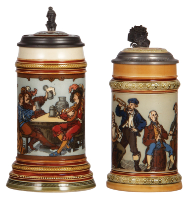 Two Mettlach steins, .5L, 2231, etched, music box base, inlaid lid, mint; .5L, 1471, etched, inlaid lid, mint.