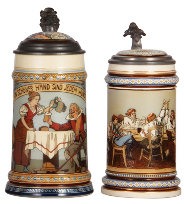 Two Mettlach steins, .5L, 2640, etched, inlaid lid, mint; with, .5L, 1146, etched, inlaid lid, mint.