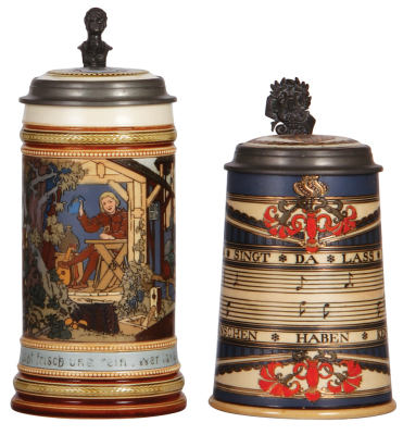 Two Mettlach steins, .5L, 2531, etched, inlaid lid, mint; with, .5L, 2097, etched, inlaid lid, mint.