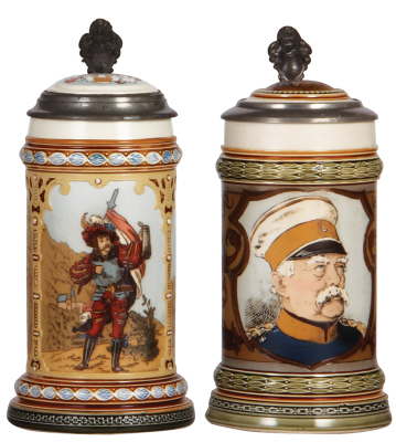 Two Mettlach steins, .5L, 2003, etched, inlaid lid, mint; with, .5L, 1794, etched, inlaid lid, mint.