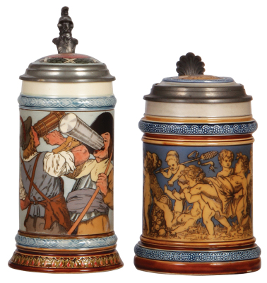 Two Mettlach steins, .5L, 2639, etched, inlaid lid, mint; with, .5L, 2025, etched, inlaid lid, mint.