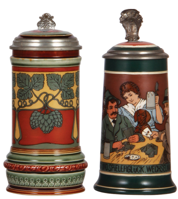 Two Mettlach steins, .5L, 2800, etched, inlaid lid, mint; with, .5L, 3253, etched, inlaid lid, mint.