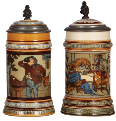 Two Mettlach steins, .5L, 1995, etched, inlaid lid, mint; with, .5L, 2005, etched, inlaid lid, mint.