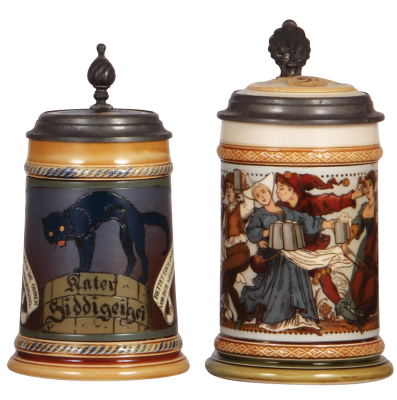 Two Mettlach steins, .5L, 2007, etched, inlaid lid, mint; with, .5L, 2094, etched, inlaid lid, mint.