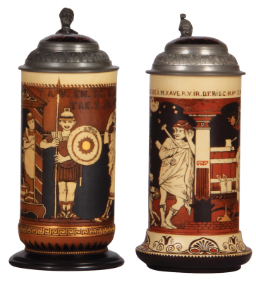 Two Mettlach steins, .5L, 2191, etched, inlaid lid, mint; with, .5L, 2192, etched, inlaid lid, mint.