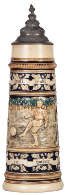 Pottery stein, 2.0L, 15.8'' ht., relief, marked J.W.R., A. Steidel Berlin, by J.W.Remy, 726, Soccer game, pewter lid, browning.