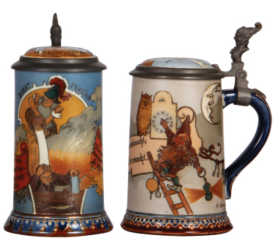 Two Mettlach steins, .5L, 2091, etched, by H. Schlitt, inlaid lid, mint; with, .5L, 2092, etched, by H. Schlitt, inlaid lid, some interior browning, otherwise mint.