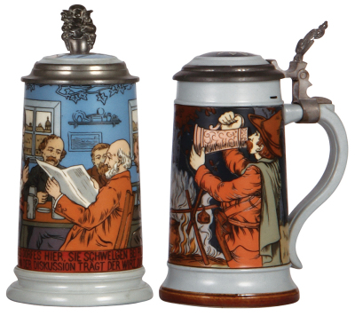 Two Mettlach steins, .5L, 2886, etched, inlaid lid, mint; with, .5L, 2922, etched, inlaid lid, mint.    