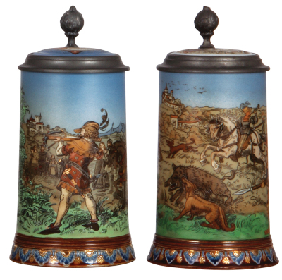 Two Mettlach steins, .5L, 2082, etched, William Tell, inlaid lid, mint; with, .5L, 2083, etched, Boar Hunt, inlaid lid, mint.    