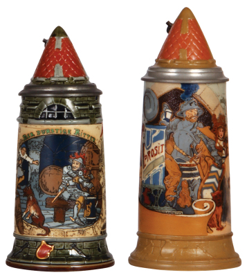 Two Mettlach steins, .5L, 2382, etched, by H. Schlitt, mint; with, .5L, 2580, etched, by H. Schlitt, inlaid lid, mint.