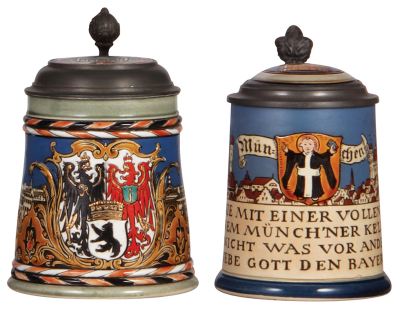 Two Mettlach steins, .5L, 2024, etched, Berlin, inlaid lid, mint; with, .5L, 2002, etched, München, inlaid lid, mint.  