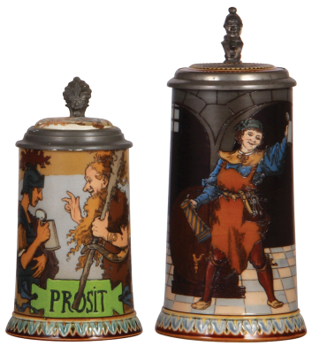 Two Mettlach steins, .3L, 2100, etched, inlaid lid, mint; with, .5L, 2776, etched, inlaid lid, small factory firing line on top rim, mint.  