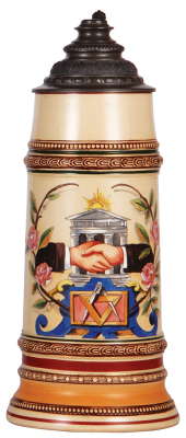 Pottery stein, 3.0L, 15.1'' ht., transfer & hand-painted, marked M. & W. Gr., Masonic design, pewter lid, mint.