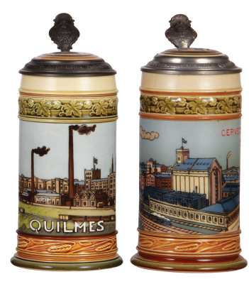 Two Mettlach steins, .5L, 2900, etched, Quilmes Brewery, dated 1906, inlaid lid, mint; with, .5L, 2900, etched, Quilmes Brewery, dated 1929, inlaid lid, mint.