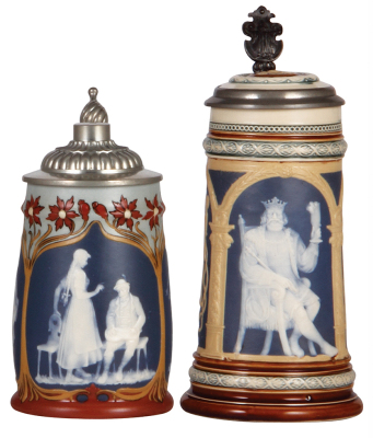 Two Mettlach steins, .5L, 2715, cameo, pewter lid, mint; with, .5L, 2130, cameo, inlaid lid, mint.