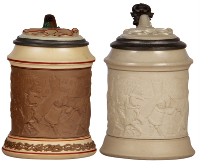 Two Mettlach steins, .5L, 328, relief, inlaid lid, two small flakes & factory flaw inside, missing some glaze; with, .5L, 328, relief, inlaid lid, mint.