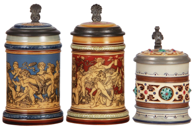 Three Mettlach steins, .25L, 2025, etched, inlaid lid, mint; with, .25L, 2035, etched, inlaid lid, mint; with, .25L, 1084, mosaic, inlaid lid, mint.