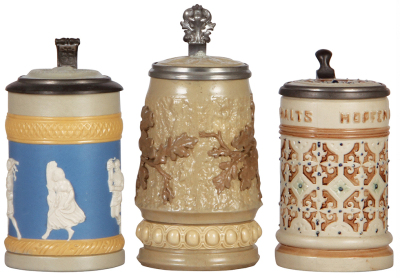 Three Mettlach steins, .5L, 171, relief, inlaid lid, mint; with, .5L, 368, relief, inlaid lid, mint; with, .5L, 1059, mosaic, inlaid lid, top rim flake.