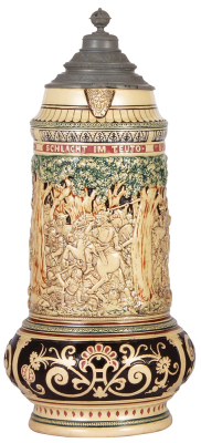 Pottery stein, 5.0L. 16.7'' ht., relief, 099, by DŸmler & Breiden, Die Hermann Schlacht im Teutoburger Wald 9 CE, Text reference:Êleader of the German tribes in the Battle of Teutoburg Forest (9 A.D.), a major defeat for the Roman Empire, resulting in the