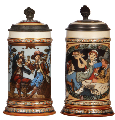 Two Mettlach steins, 1.0L, 1932, by Warth & 1.0L, 2716, by Quidenus, etched, inlaid lids, both mint.