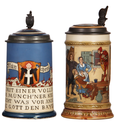 Two Mettlach steins, 1.0L, 2002, Munich scene, & 1.0L, 2582, by Quidenus, etched, inlaid lids, both mint.