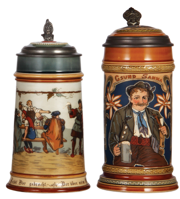 Two Mettlach steins, 1.0L, 2028, & 1.0L, 2745, etched, inlaid lids, both mint.