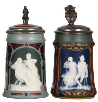 Two Mettlach steins, .5L, 2753 & 2754, cameo, by Stahl, inlaid lids, both mint.