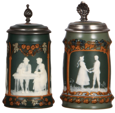 Two Mettlach steins, .5L, 2755 & 2756, cameo, by Stahl, inlaid lids, both mint.