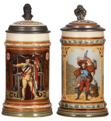 Two Mettlach steins, .5L, 1914, & .5L, 2003 etched, inlaid lids, both mint.