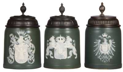 Three Mettlach steins, .5L, 2949, 2950, 2951, cameo, Munich, Bavaria, Prussia, by Stahl, pewter lids, all mint.