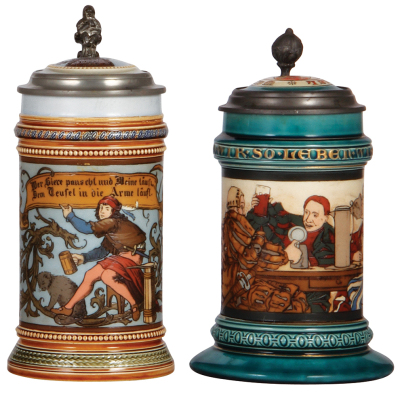 Two Mettlach steins, .5L, 1947, & .5L, 2044, etched, inlaid lids, both mint.