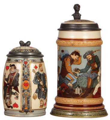 Two Mettlach steins, .5L, 2093, & .5L, 2441, etched, inlaid lids, both mint.