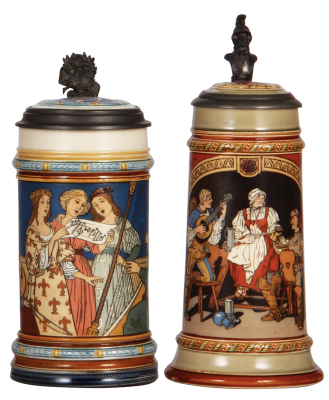 Two Mettlach steins, .5L, 2581, & .5L, 2693, etched, inlaid lids, both mint.