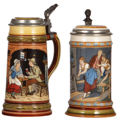 Two Mettlach steins, .5L, 2807, & .5L, 2808, etched, inlaid lids, both mint.