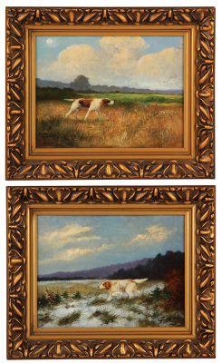 Pair of oil paintings, 12.1" x 8.6", frame 15.4" x 12.6", Hunting Dogs, oil on board, signed Frank Eugen Colon,ÊDŸsseldorf Germany, dated 1909, original frames, very good condition.